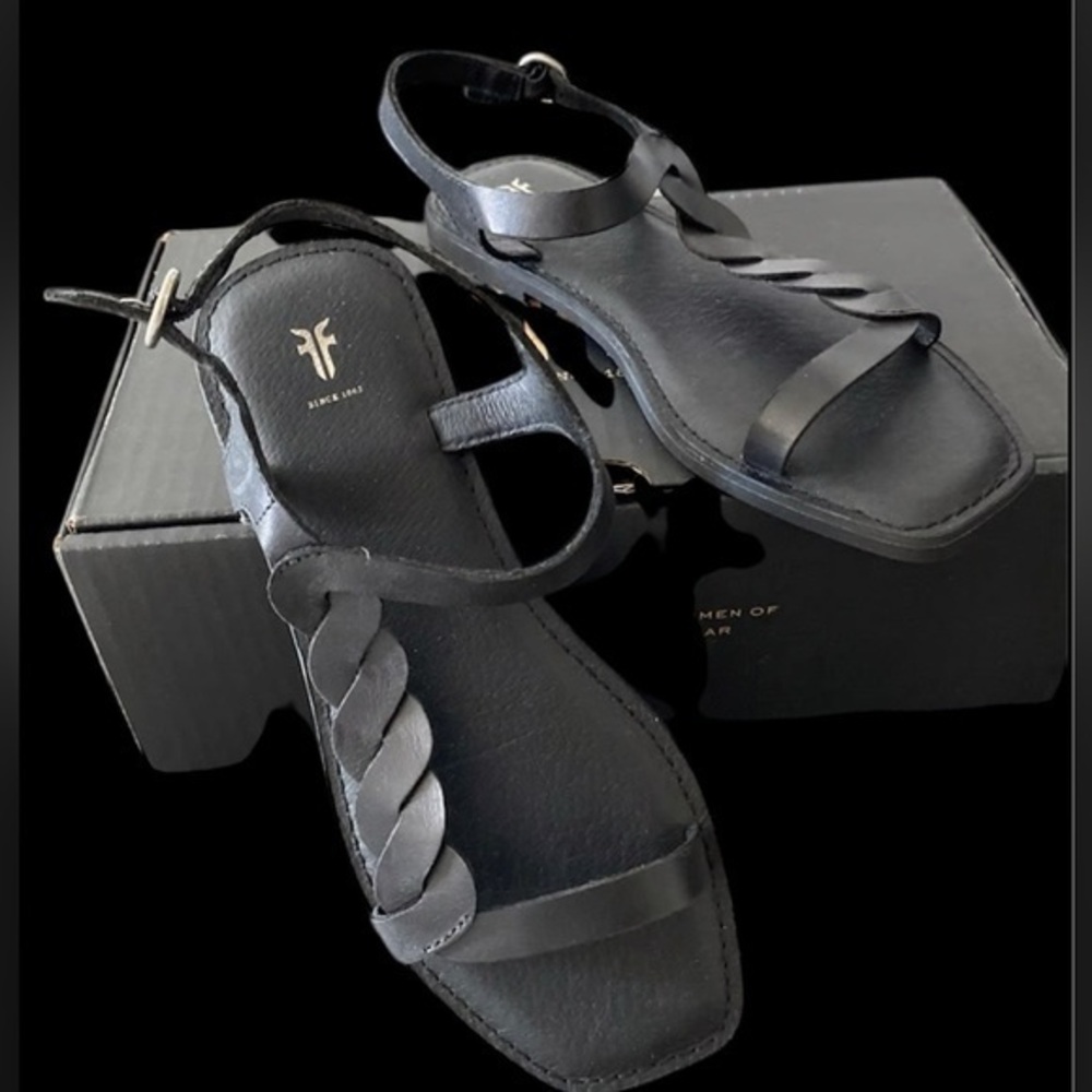 New! FRYE Sydney Braided Black Leather Ankle Strap Sandals Size 10 - Picture 3 of 4